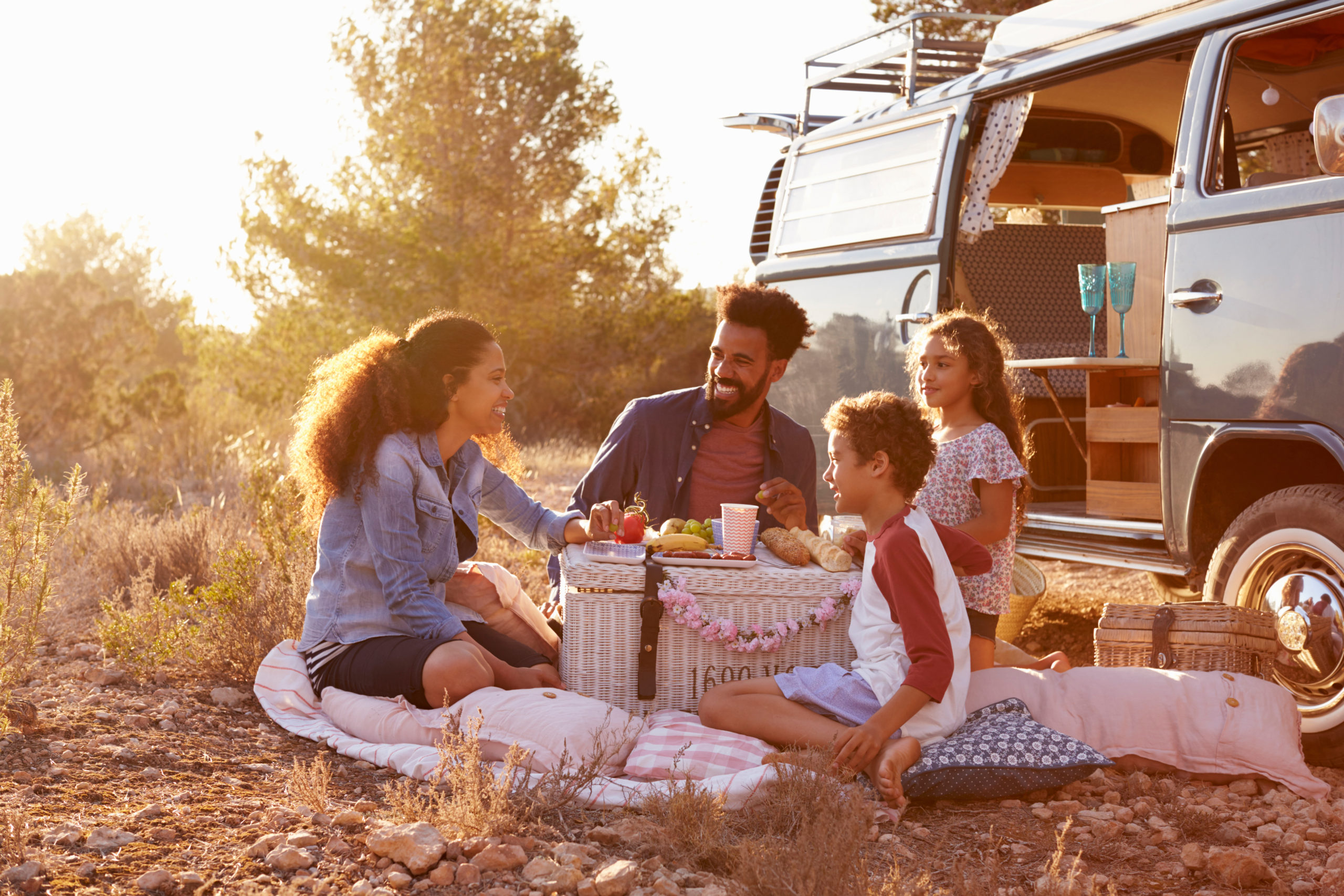 african american family having a picnic in the afternoon sunlight next to a vw van