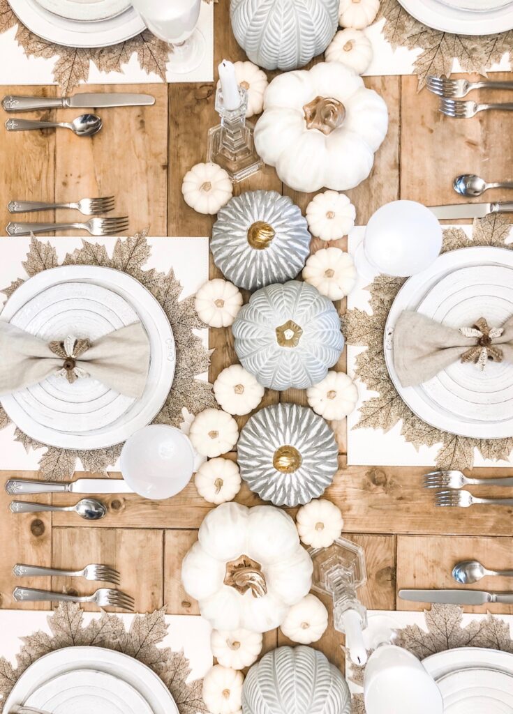 flat lay of fall tablescape and pumpkins