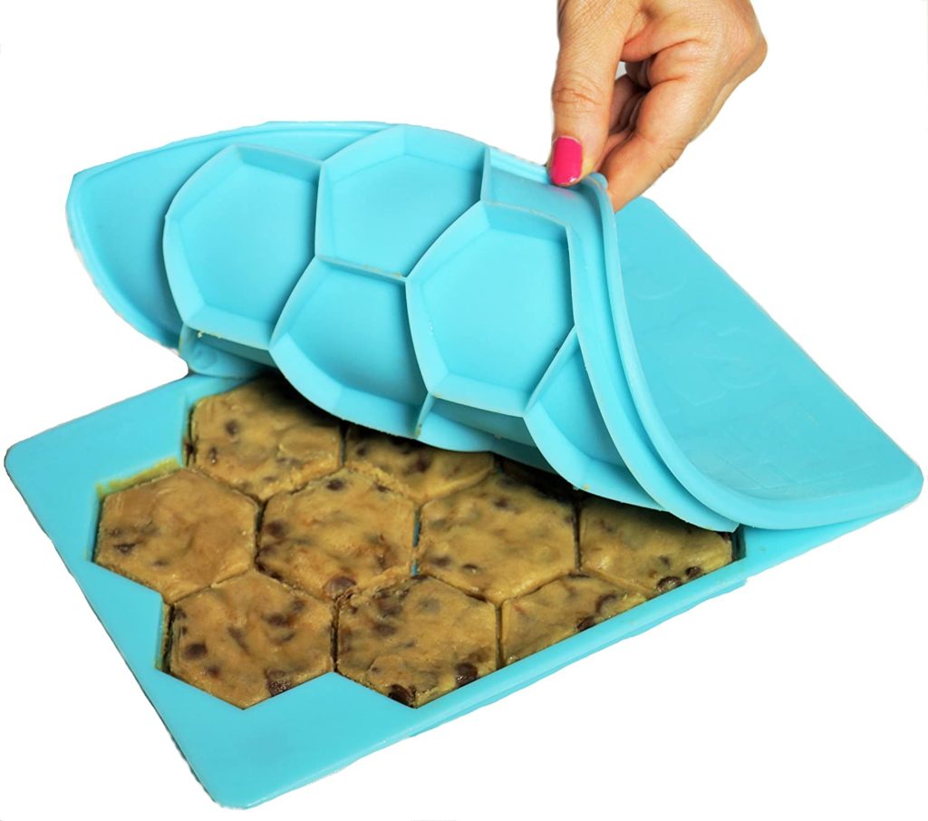 blue silicon cookie cutter and freezer container