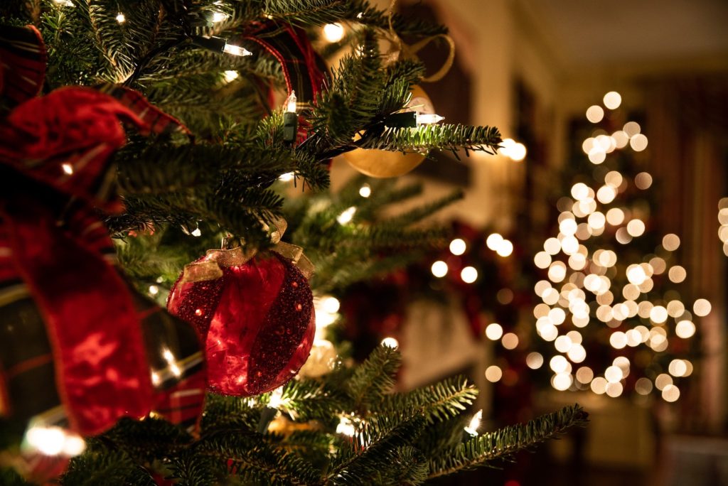 a christmas tree with red bows and lights in the back ground for holiday decorating