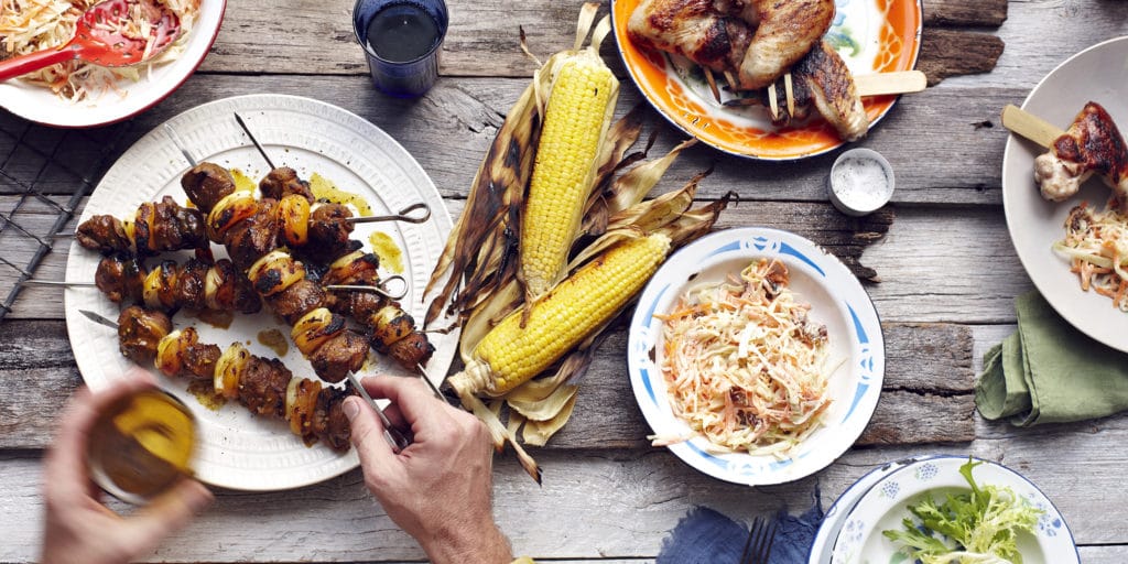 a flat lay of bbq food