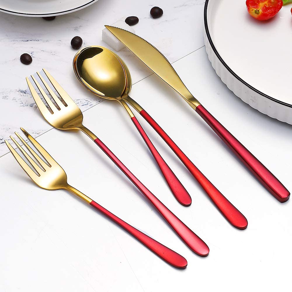 red and gold cutlery thanksgiving family dinner