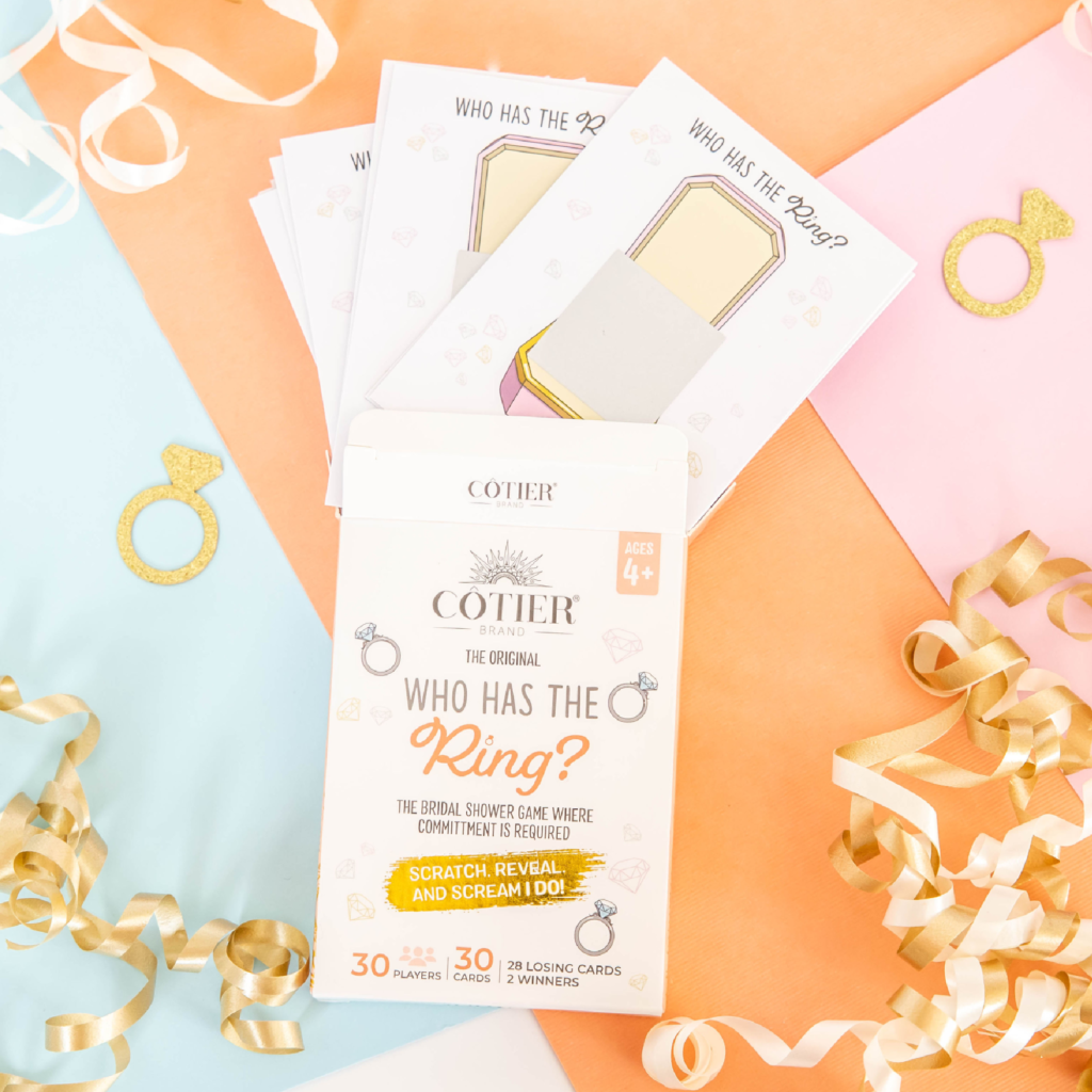 Funny bridal shower game where guests scratch to find the ring emoji