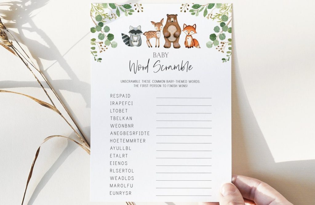 woodland themed baby shower games word scramble